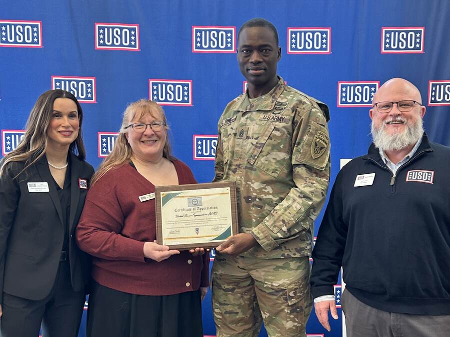 Certificate of appreciation presented to USO JBER and the USO Alaska team